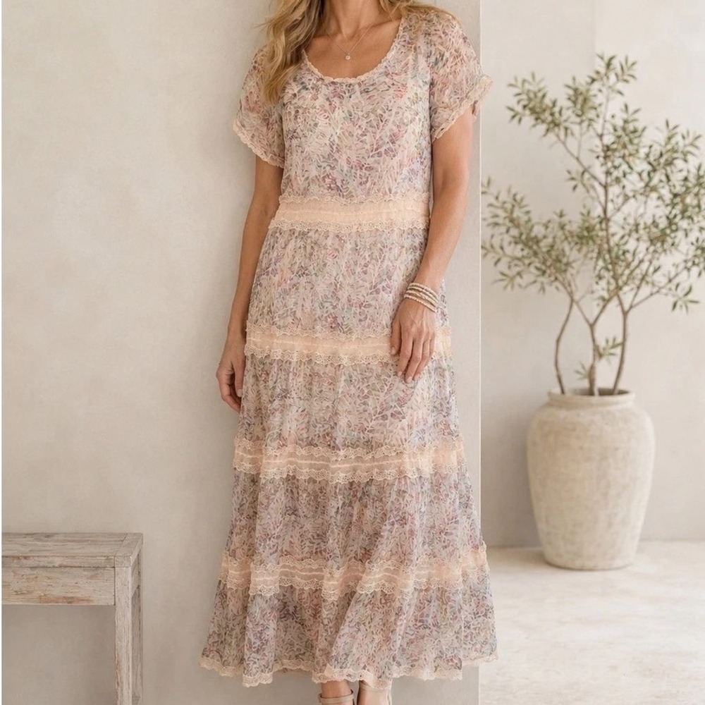 Soft Surroundings Floral Lace Tiered Maxi Dress Pink Boho 2FX75 Size 8 f5